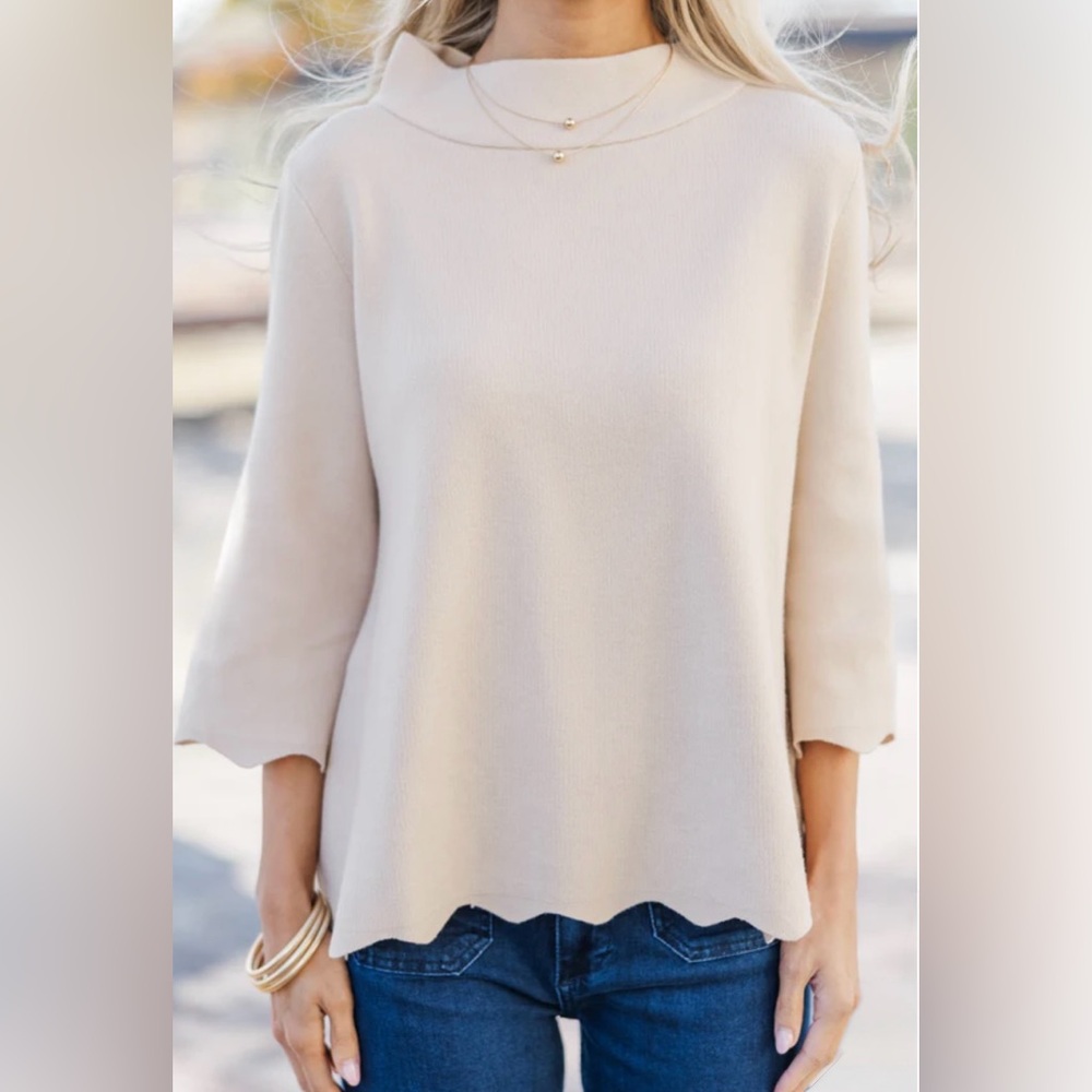 Mint Julep Boutique Tan Scalloped Hem Mock Neck Knit Sweater NWT Small - Picture 3 of 14